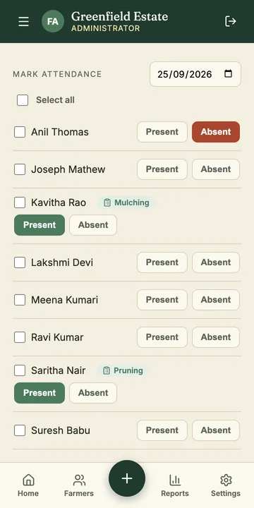 Farm Ledger on a phone: marking each farmer present or absent